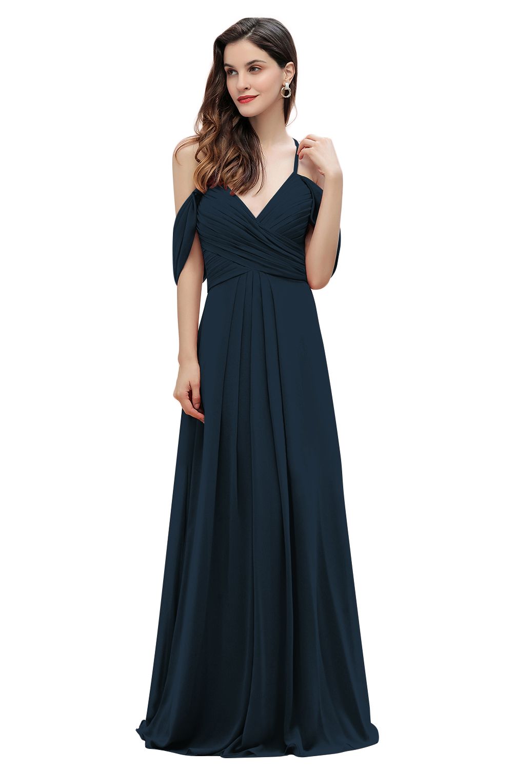 Elegant A-line Off-the-Shoulder V-neck Ruched Long Bridesmaid Dress-Babyonlines