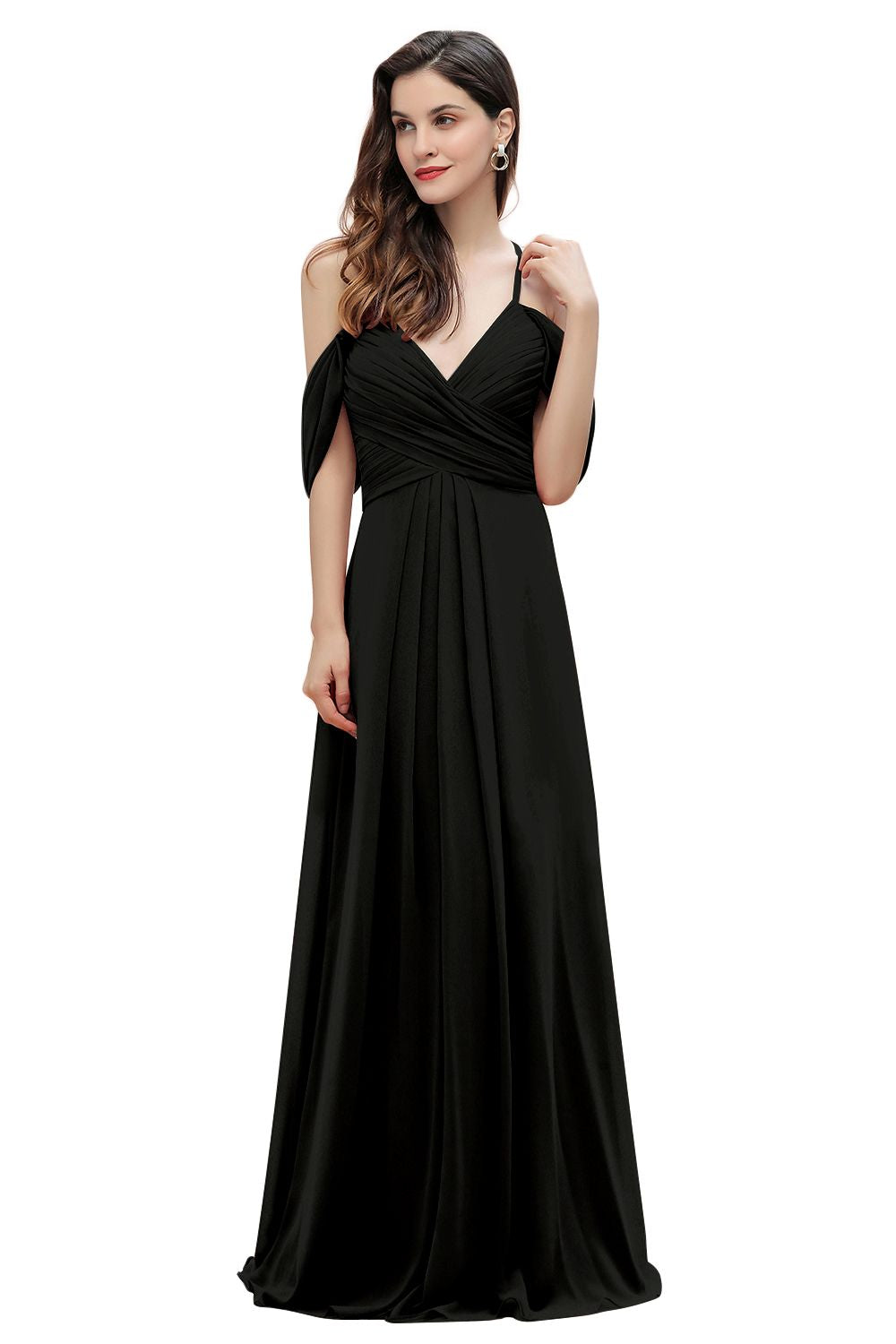 Elegant A-line Off-the-Shoulder V-neck Ruched Long Bridesmaid Dress-Babyonlines