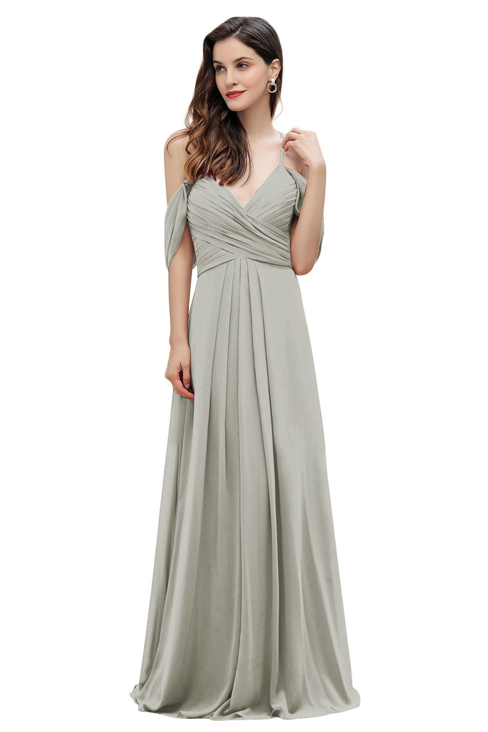 Elegant A-line Off-the-Shoulder V-neck Ruched Long Bridesmaid Dress-Babyonlines