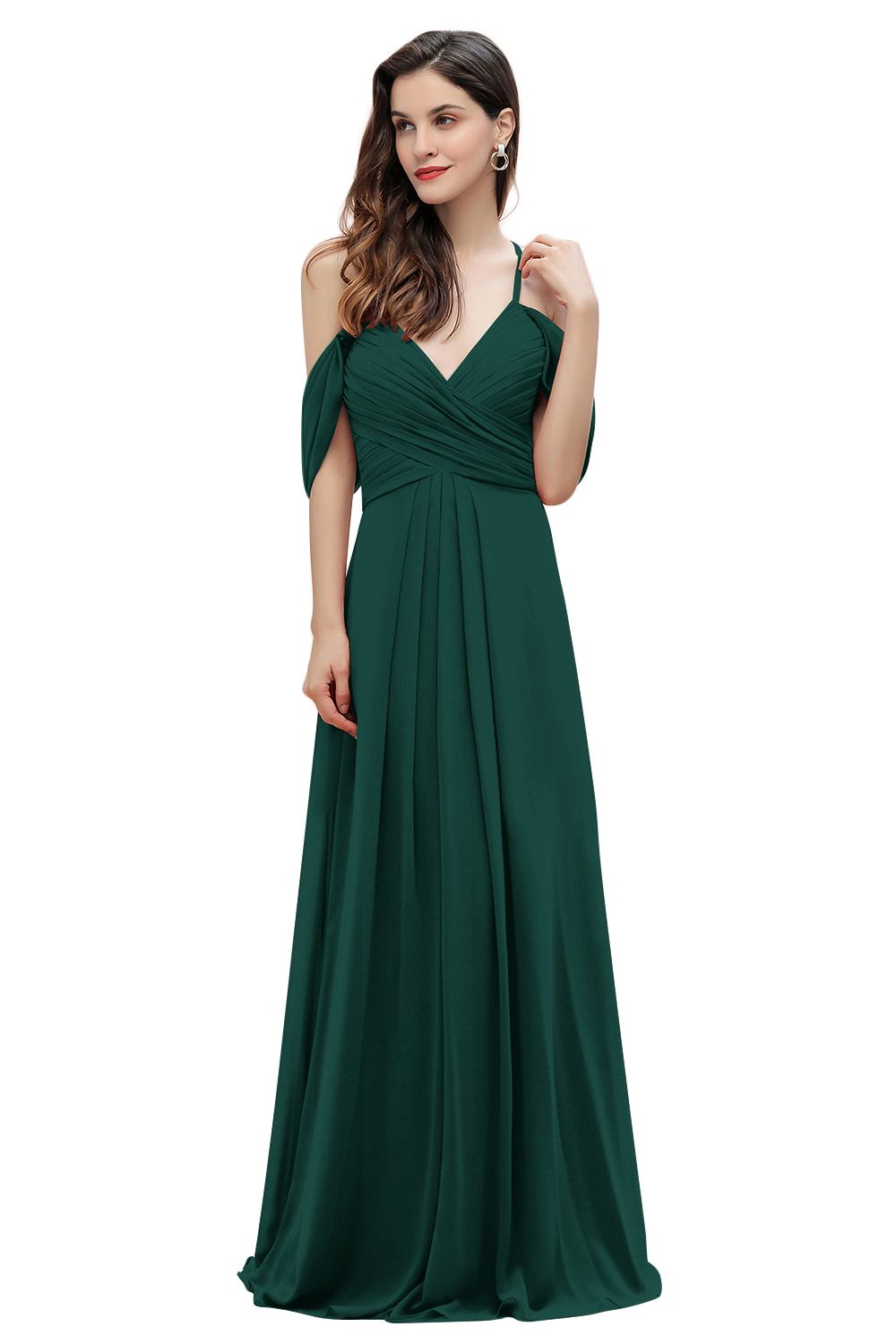 Elegant A-line Off-the-Shoulder V-neck Ruched Long Bridesmaid Dress-Babyonlines