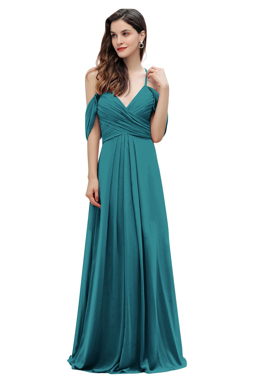 Elegant A-line Off-the-Shoulder V-neck Ruched Long Bridesmaid Dress-Babyonlines