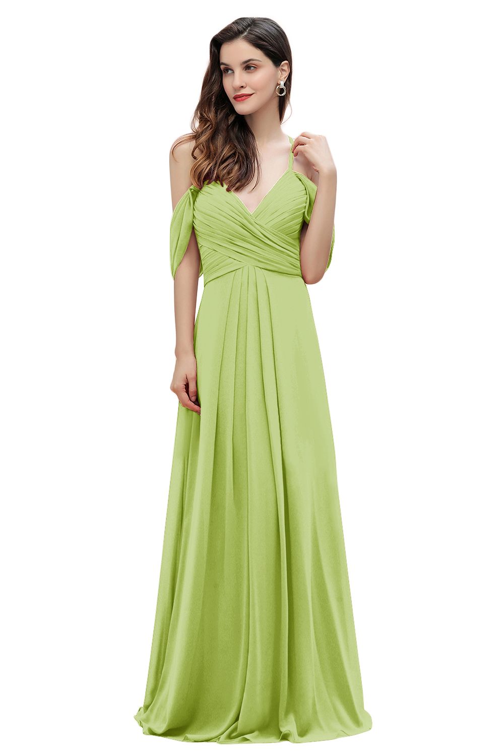 Elegant A-line Off-the-Shoulder V-neck Ruched Long Bridesmaid Dress-Babyonlines