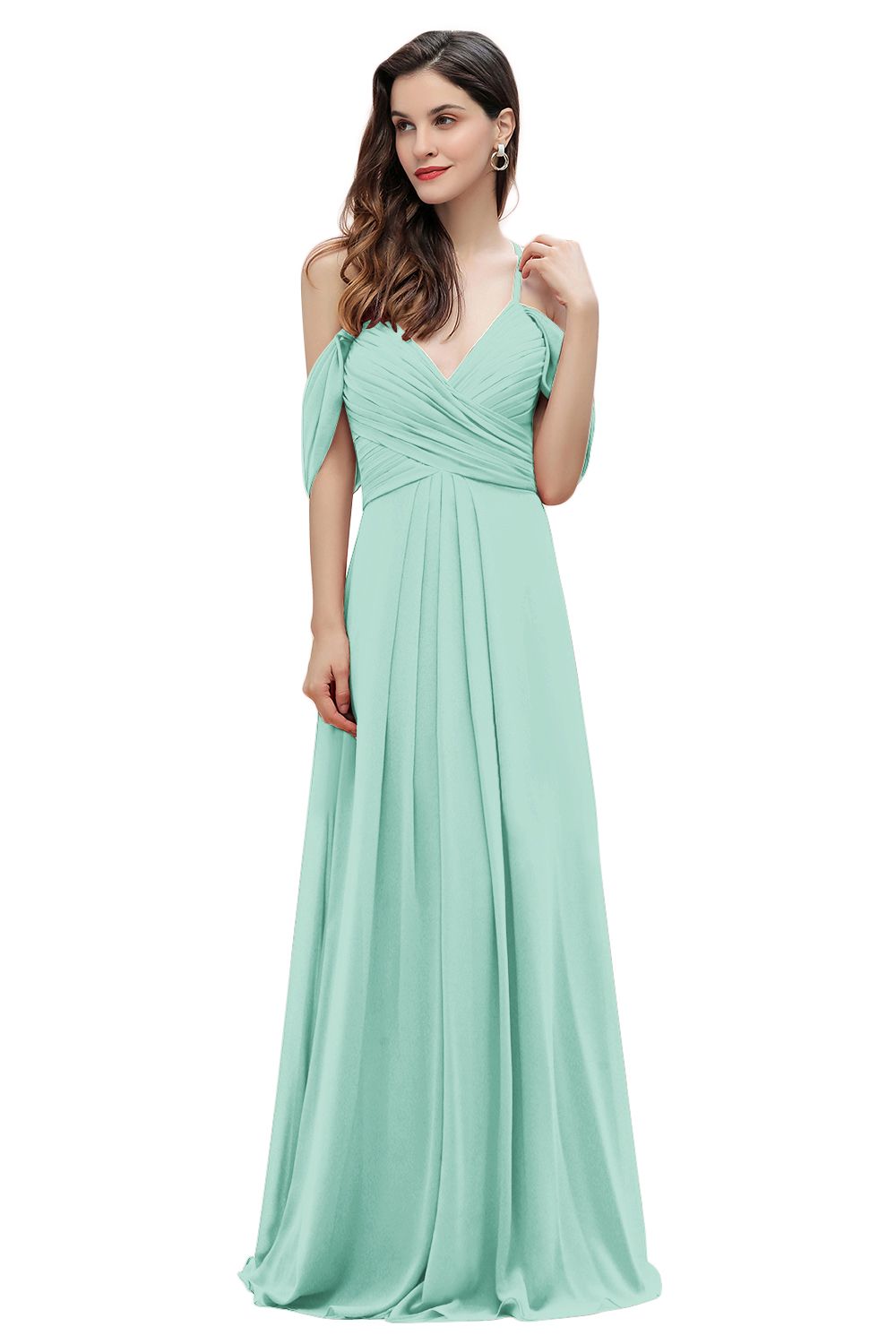 Elegant A-line Off-the-Shoulder V-neck Ruched Long Bridesmaid Dress-Babyonlines