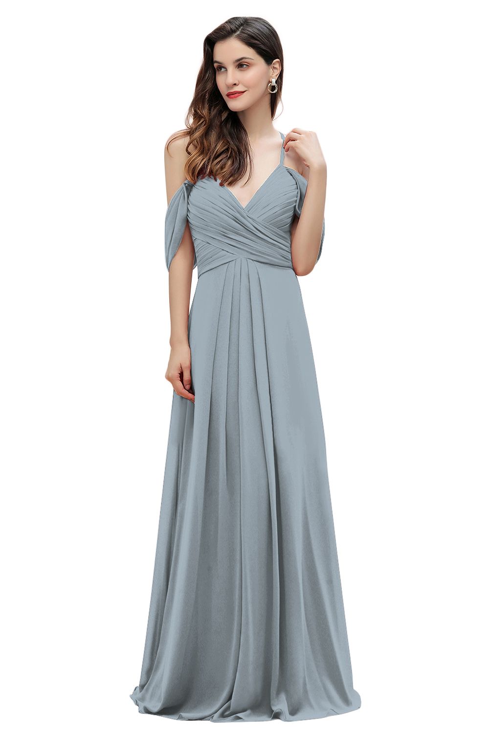 Elegant A-line Off-the-Shoulder V-neck Ruched Long Bridesmaid Dress-Babyonlines