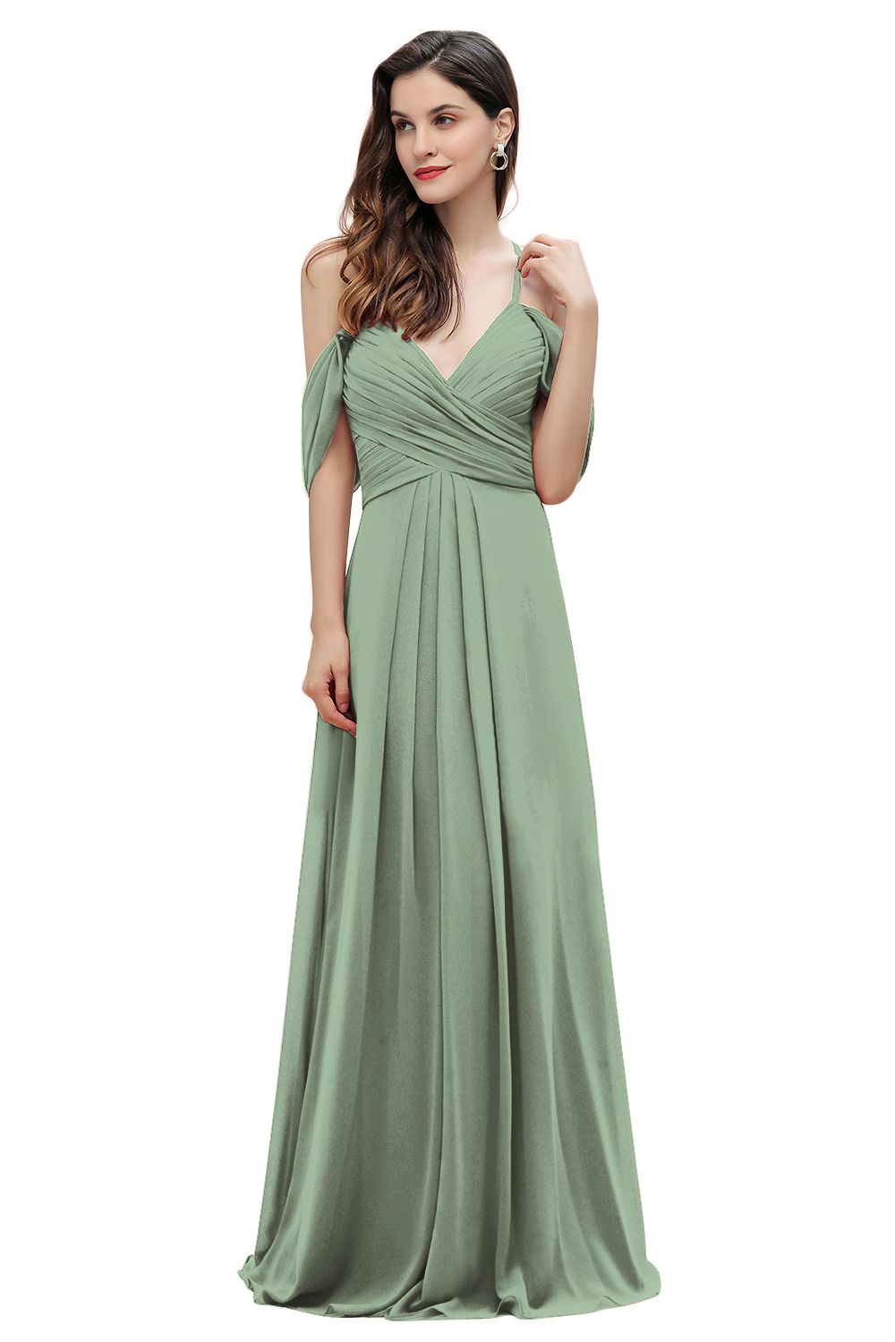 Elegant A-line Off-the-Shoulder V-neck Ruched Long Bridesmaid Dress-Babyonlines