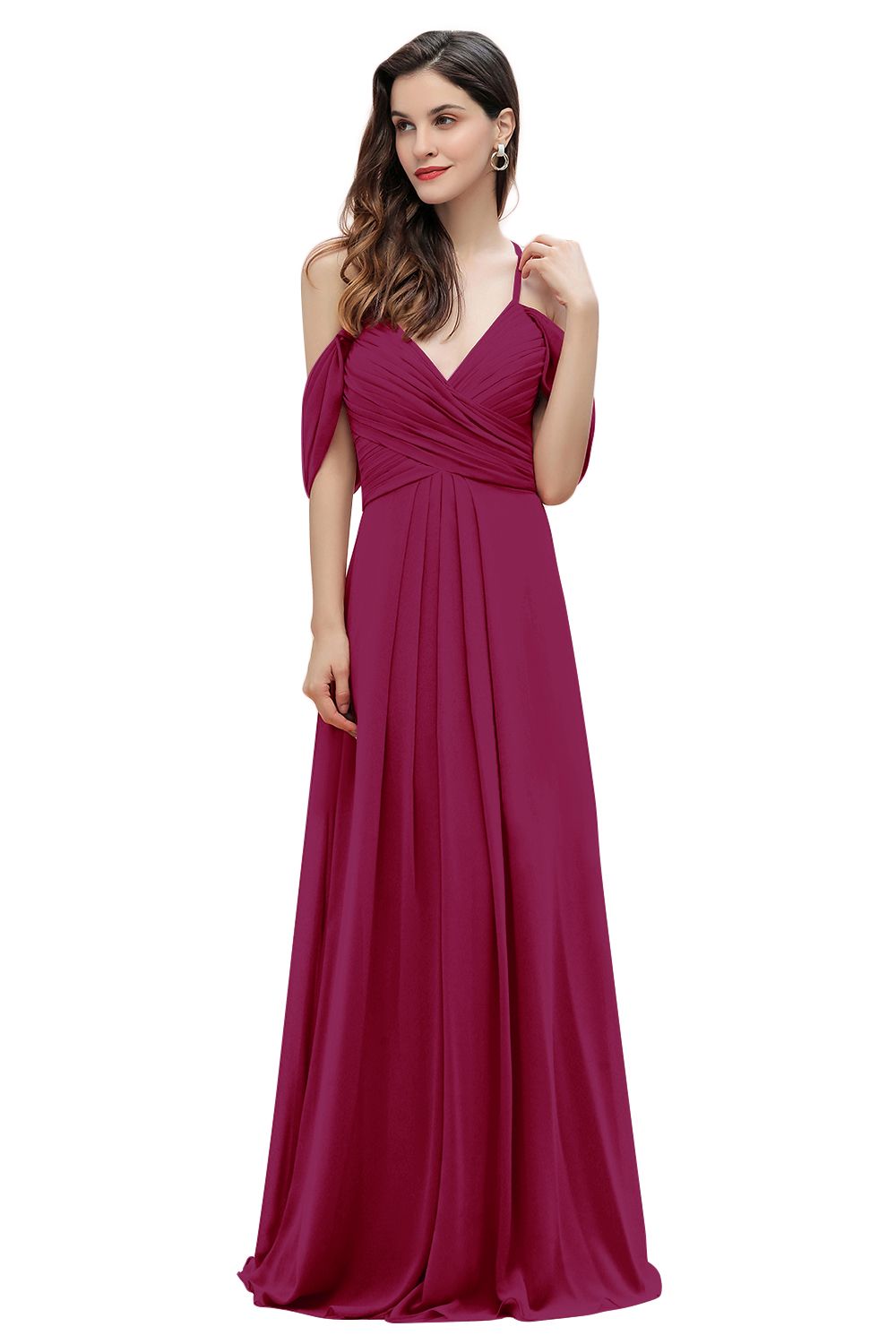 Elegant A-line Off-the-Shoulder V-neck Ruched Long Bridesmaid Dress-Babyonlines