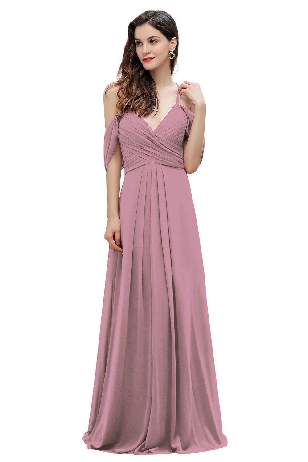 Elegant A-line Off-the-Shoulder V-neck Ruched Long Bridesmaid Dress-Babyonlines