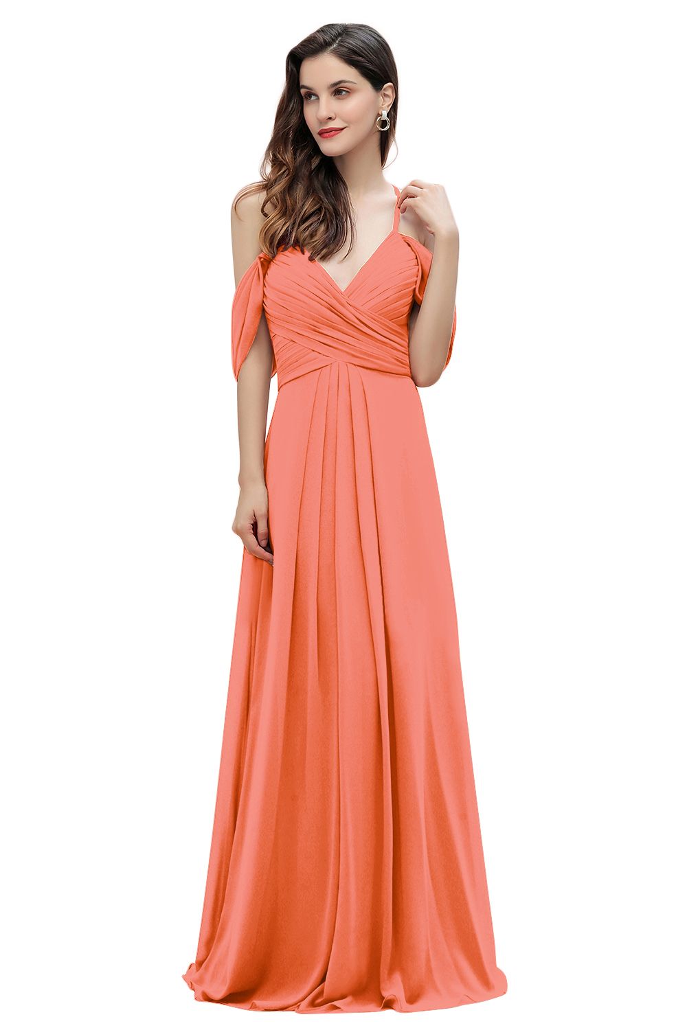 Elegant A-line Off-the-Shoulder V-neck Ruched Long Bridesmaid Dress-Babyonlines