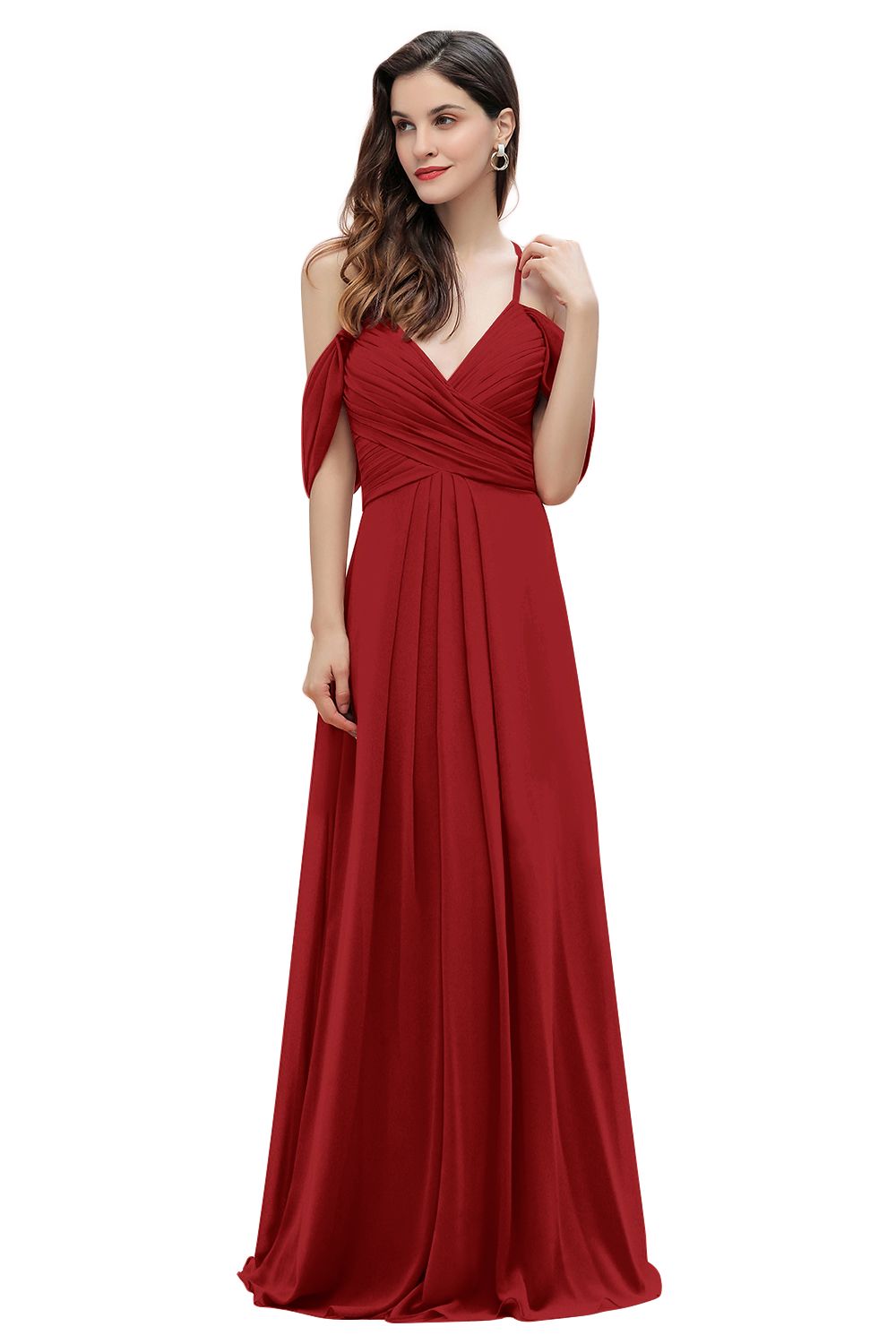 Elegant A-line Off-the-Shoulder V-neck Ruched Long Bridesmaid Dress-Babyonlines