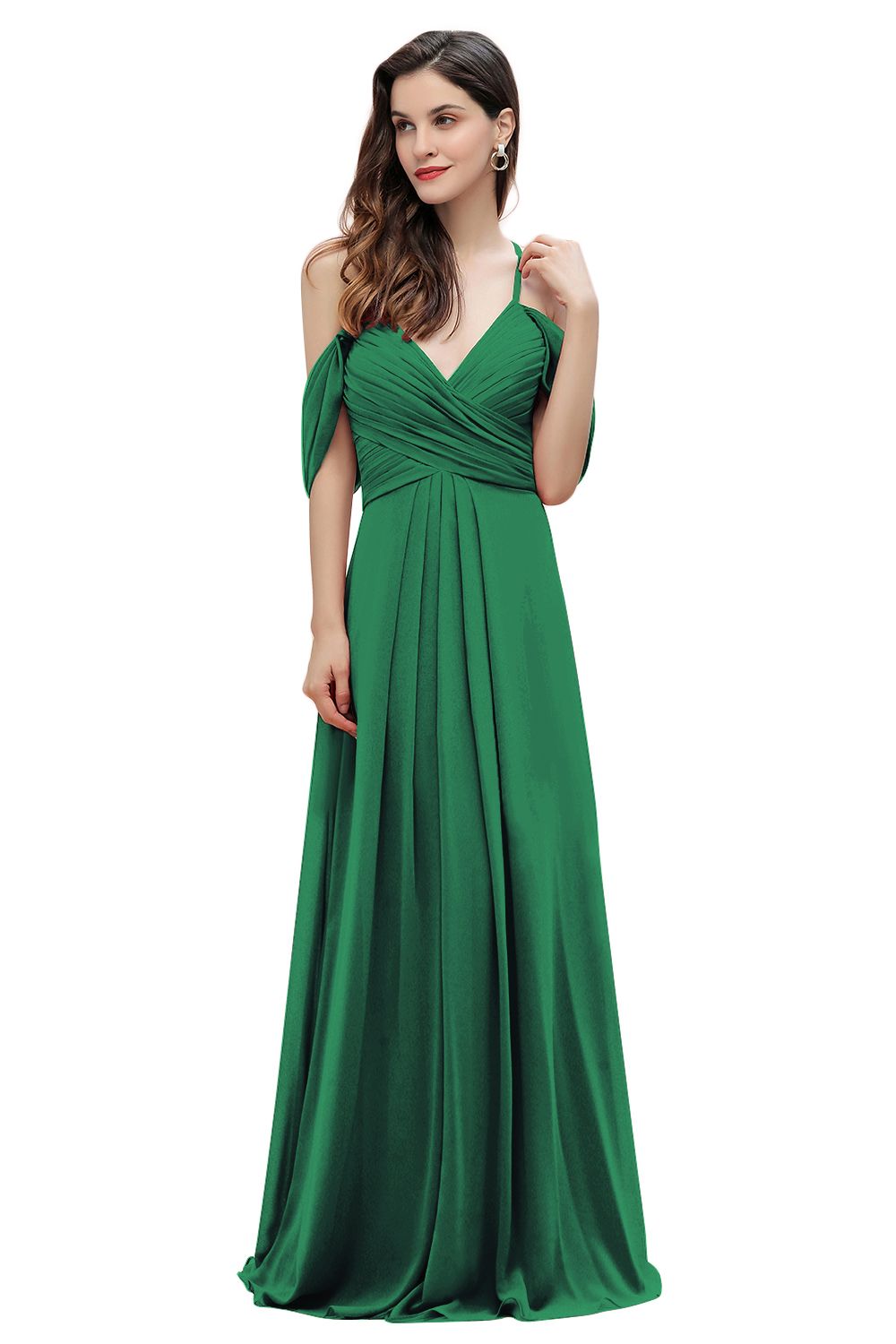 Elegant A-line Off-the-Shoulder V-neck Ruched Long Bridesmaid Dress-Babyonlines