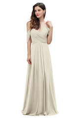 Elegant A-line Off-the-Shoulder V-neck Ruched Long Bridesmaid Dress-Babyonlines