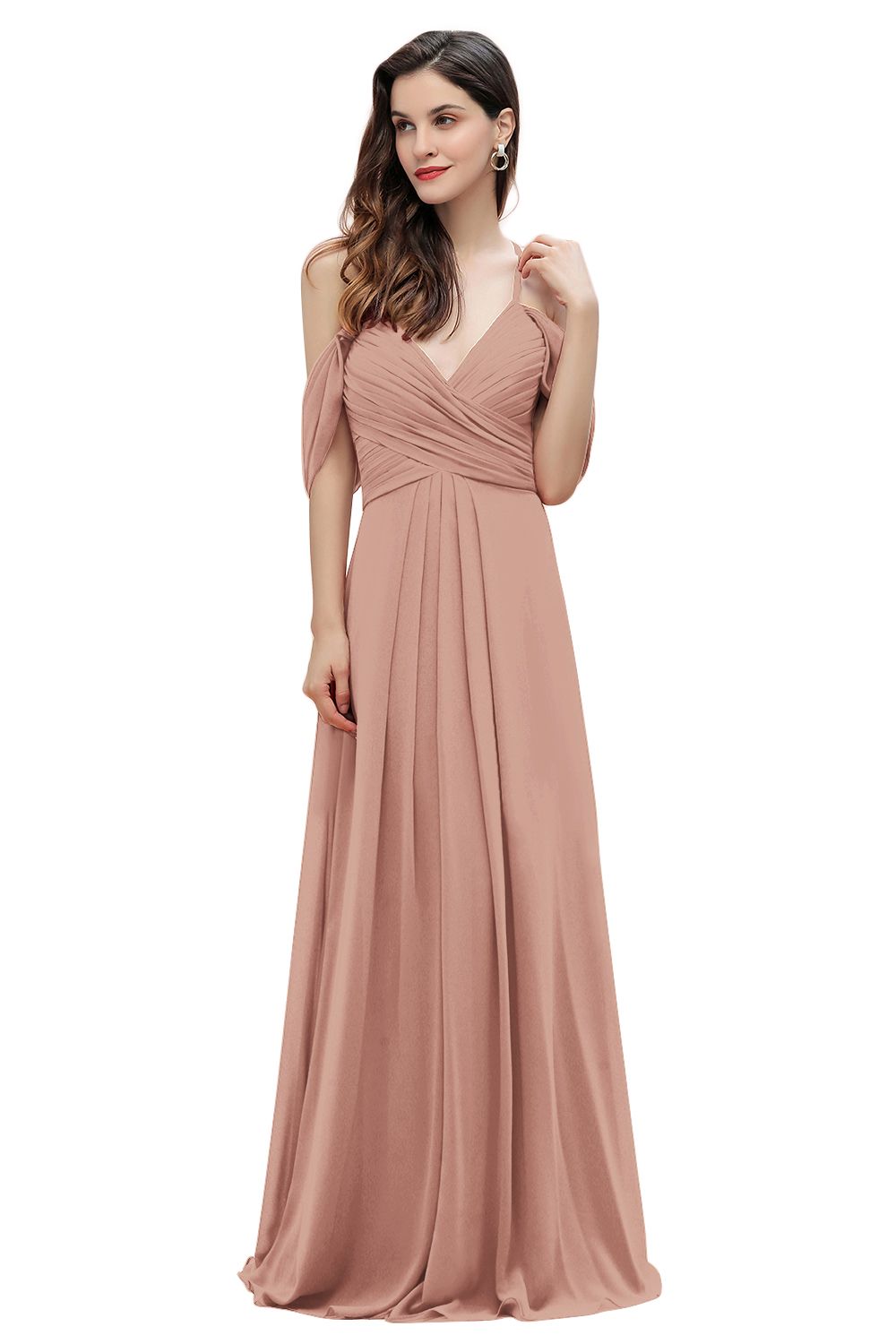 Elegant A-line Off-the-Shoulder V-neck Ruched Long Bridesmaid Dress-Babyonlines