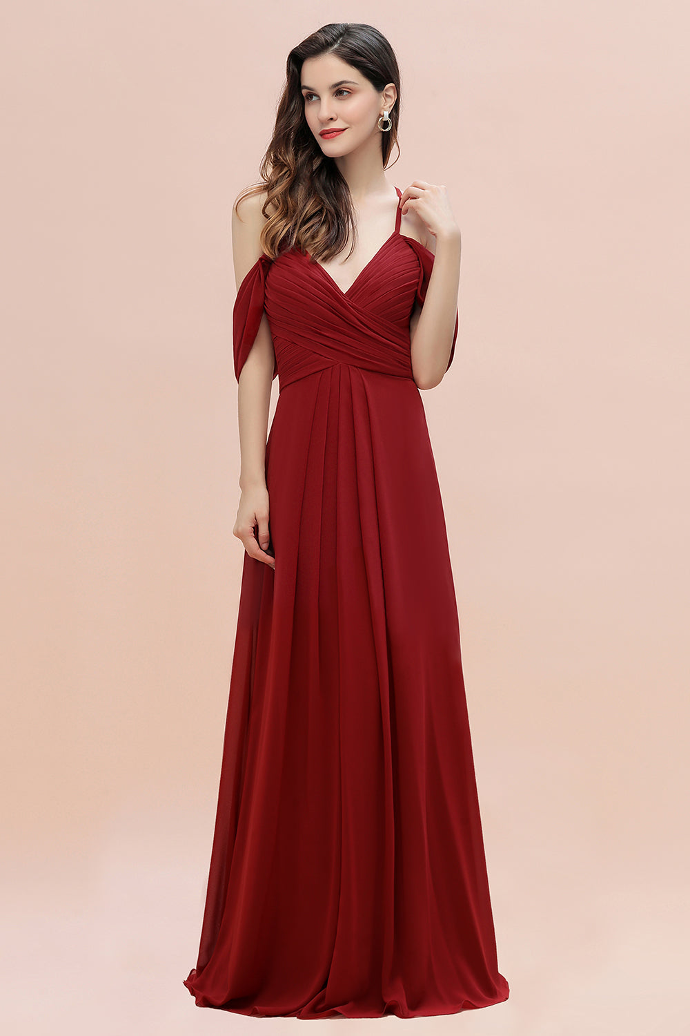 Elegant A-line Off-the-Shoulder V-neck Ruched Long Bridesmaid Dress-Babyonlines