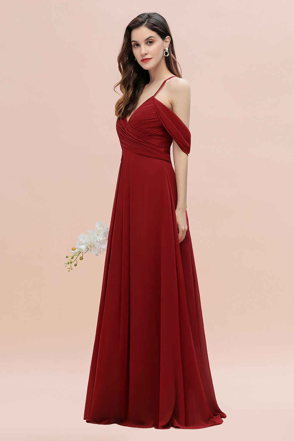 Elegant A-line Off-the-Shoulder V-neck Ruched Long Bridesmaid Dress-Babyonlines