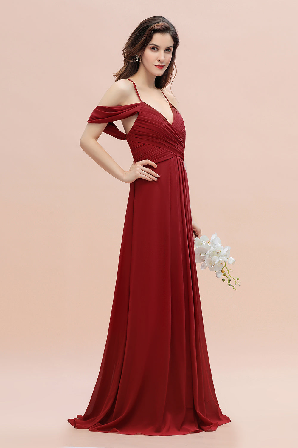 Elegant A-line Off-the-Shoulder V-neck Ruched Long Bridesmaid Dress-Babyonlines