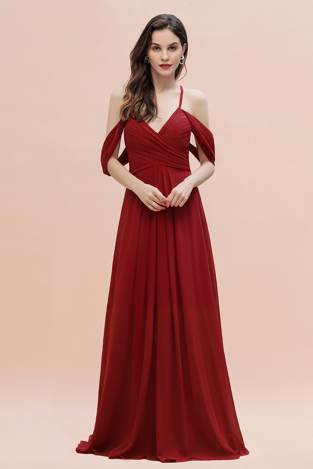 Elegant A-line Off-the-Shoulder V-neck Ruched Long Bridesmaid Dress-Babyonlines