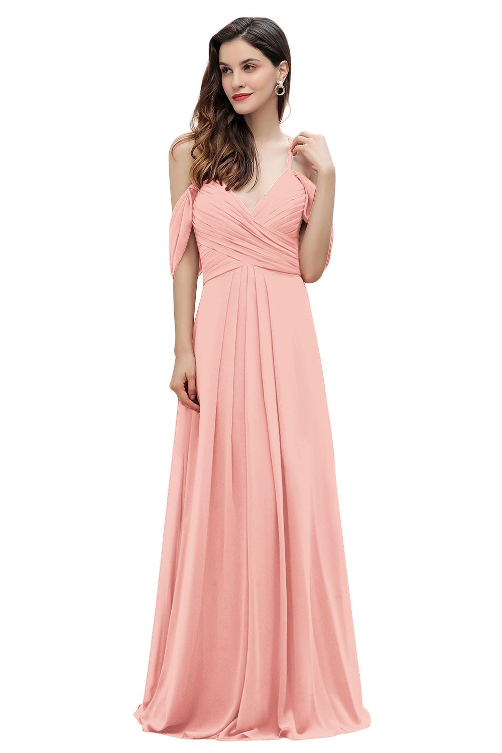 Elegant A-line Off-the-Shoulder V-neck Ruched Long Bridesmaid Dress-Babyonlines