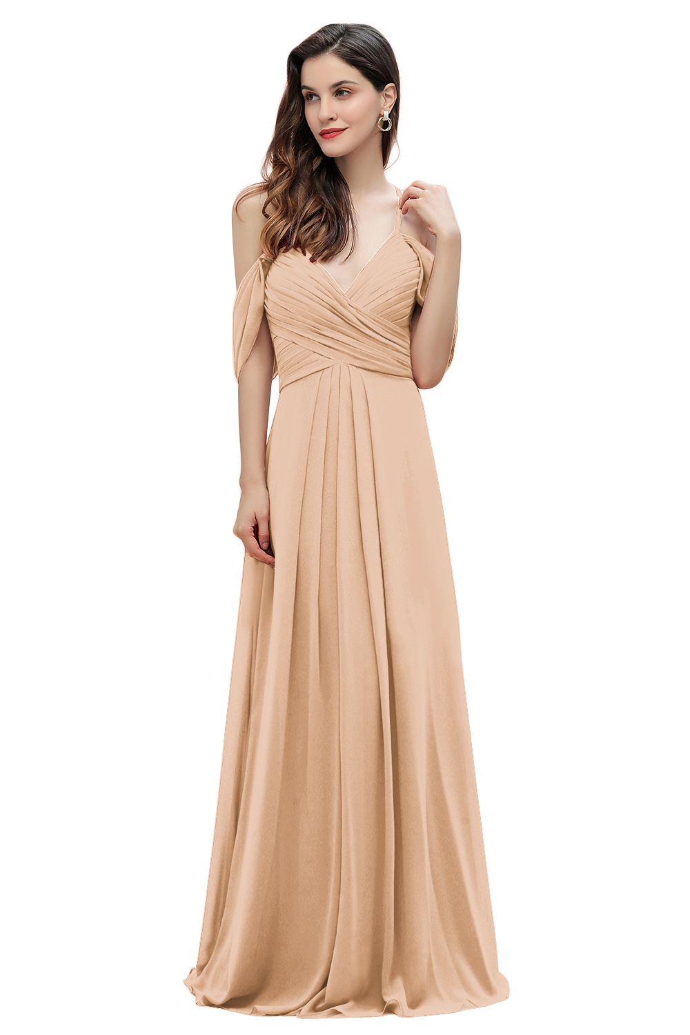 Elegant A-line Off-the-Shoulder V-neck Ruched Long Bridesmaid Dress-Babyonlines