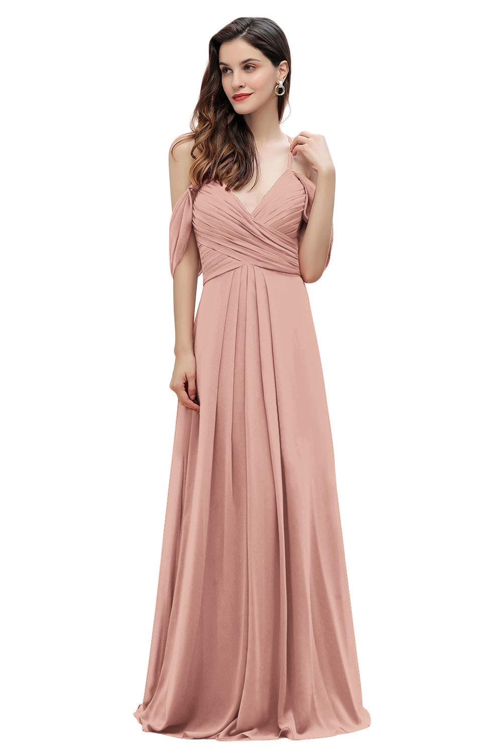 Elegant A-line Off-the-Shoulder V-neck Ruched Long Bridesmaid Dress-Babyonlines