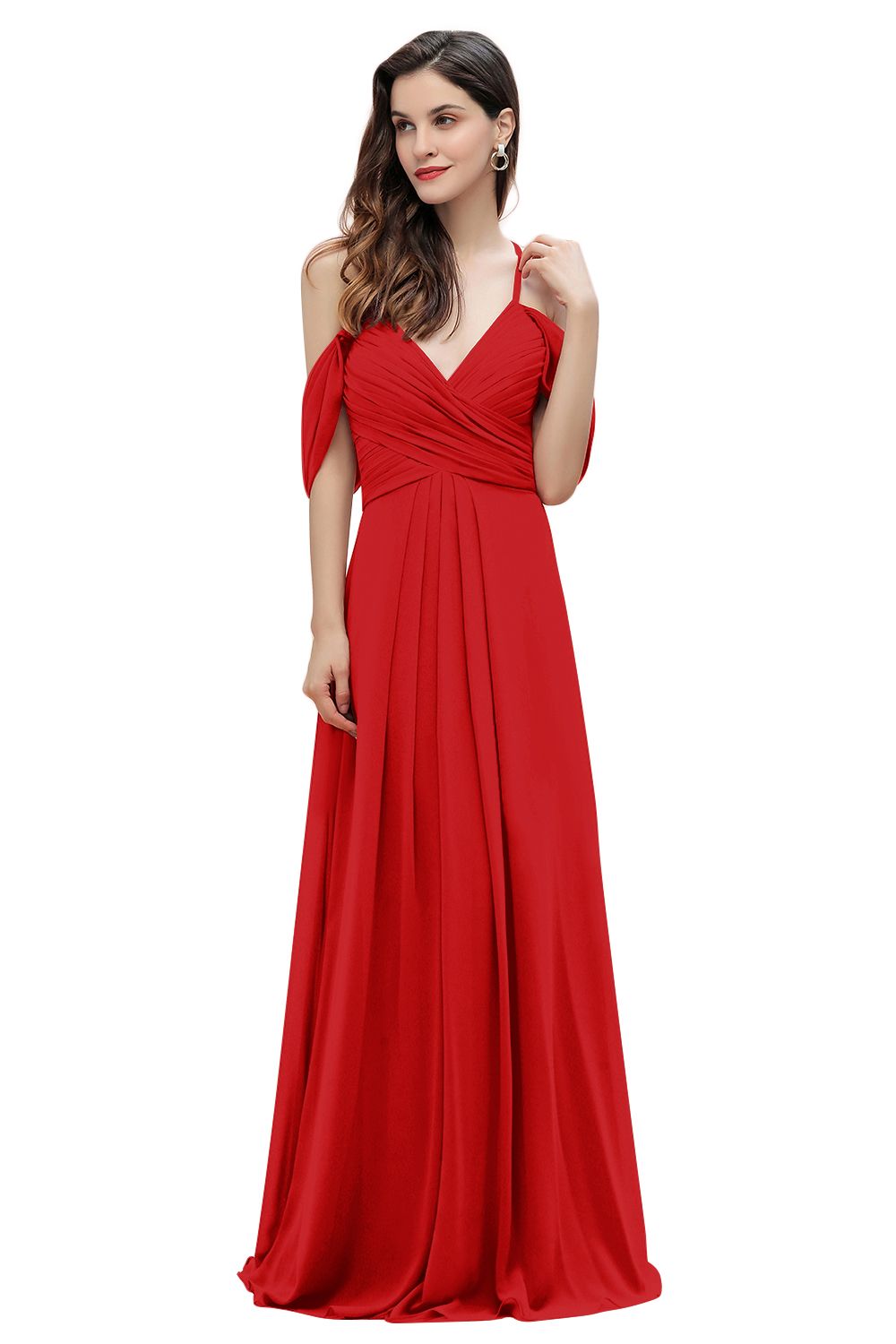 Elegant A-line Off-the-Shoulder V-neck Ruched Long Bridesmaid Dress-Babyonlines