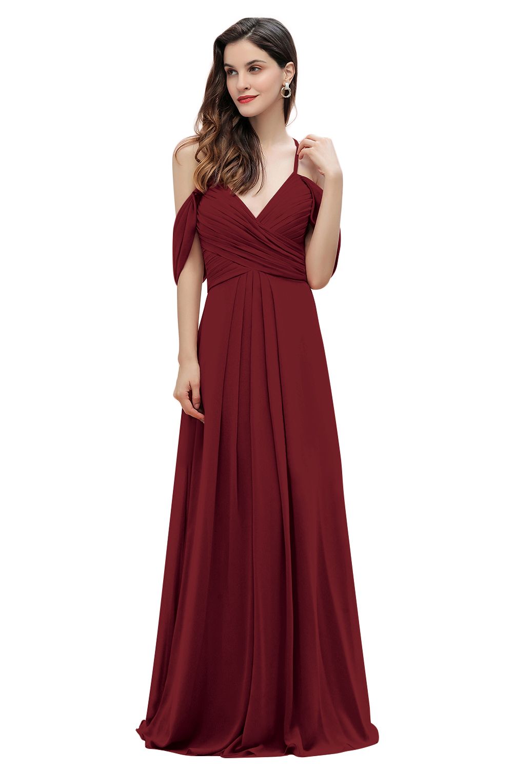 Elegant A-line Off-the-Shoulder V-neck Ruched Long Bridesmaid Dress-Babyonlines