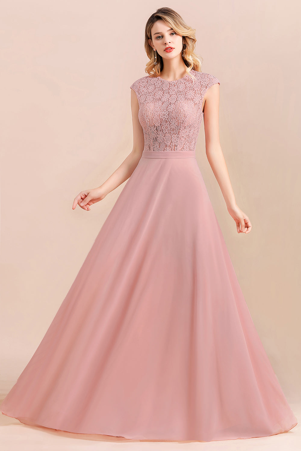 Elegant A-Line Sleeveless Dusty Rose Lace Bridesmaid Dress Online-Babyonlines