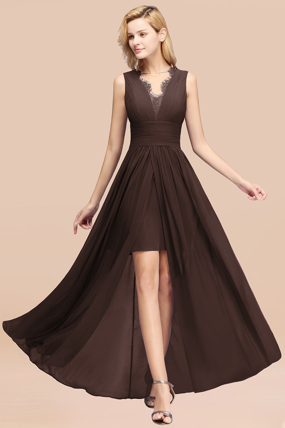 Elegant Chiffon Lace Jewel Sleeveless Bridesmaid Dress with Ruffle-Babyonlines