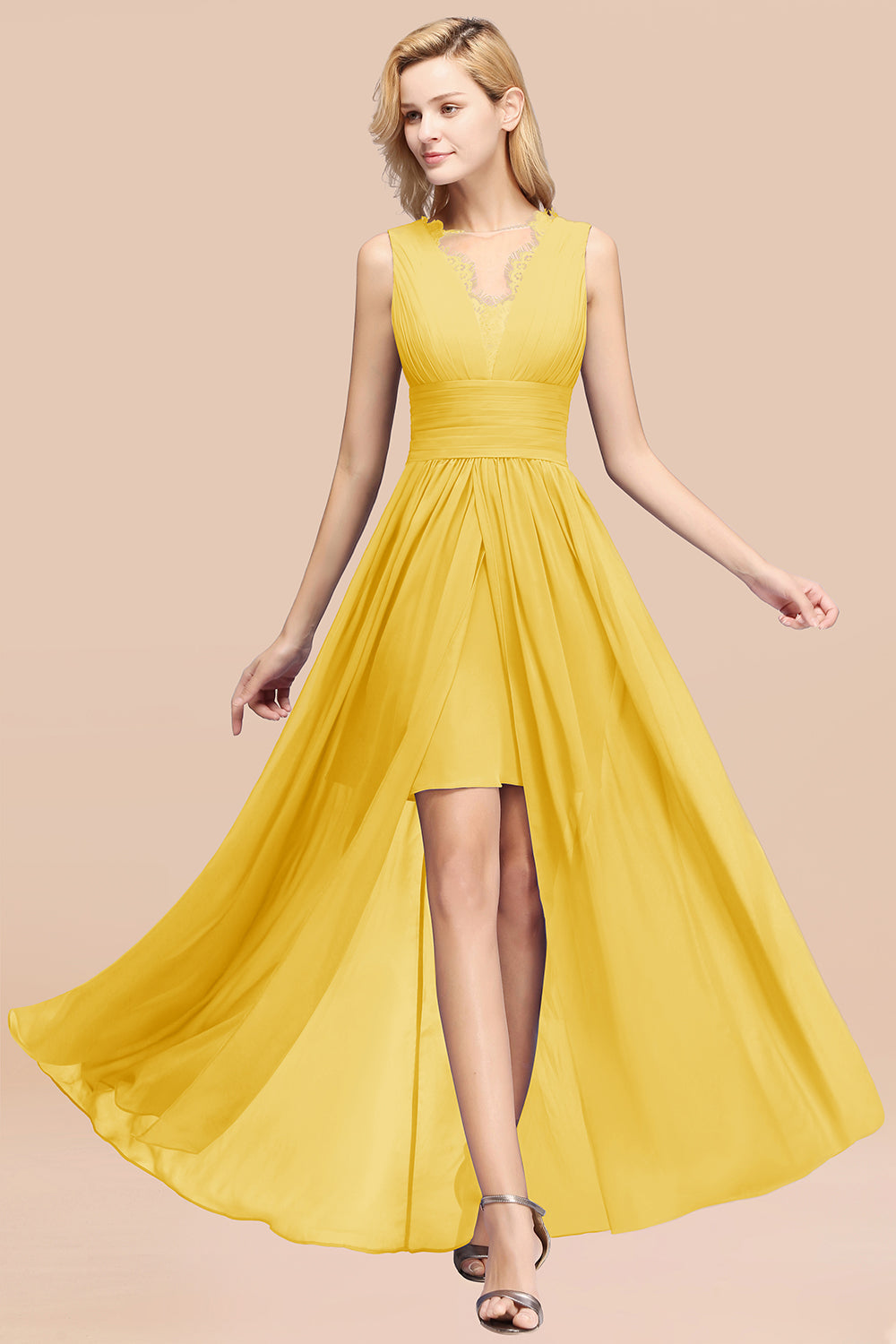 Elegant Chiffon Lace Jewel Sleeveless Bridesmaid Dress with Ruffle-Babyonlines