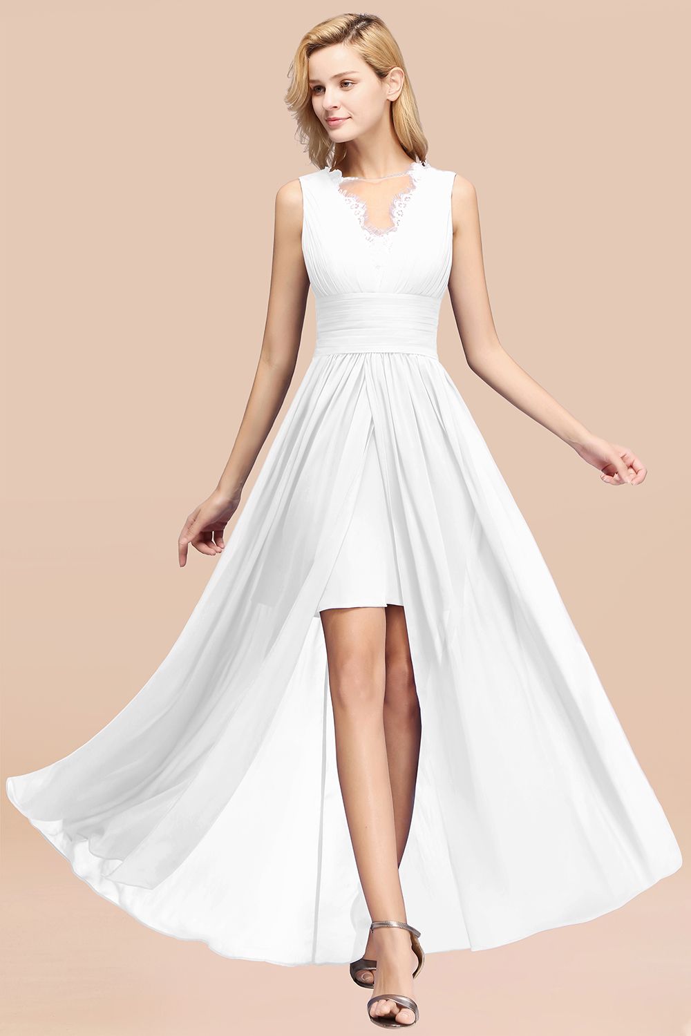 Elegant Chiffon Lace Jewel Sleeveless Bridesmaid Dress with Ruffle-Babyonlines