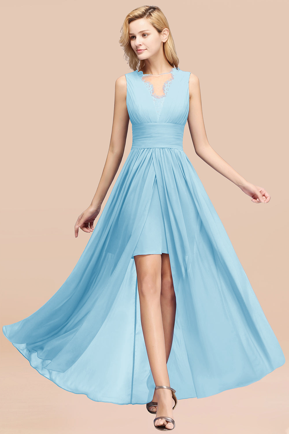 Elegant Chiffon Lace Jewel Sleeveless Bridesmaid Dress with Ruffle-Babyonlines