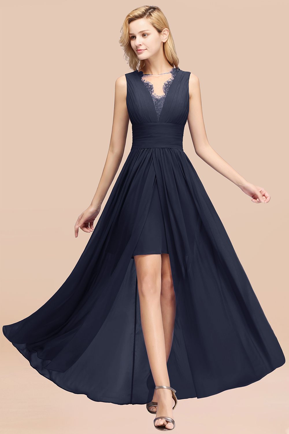 Elegant Chiffon Lace Jewel Sleeveless Bridesmaid Dress with Ruffle-Babyonlines