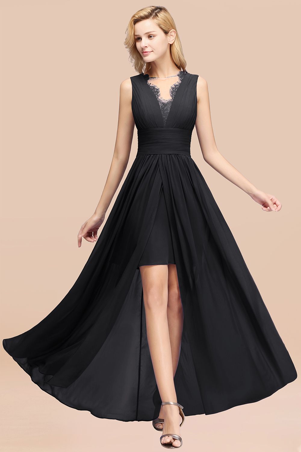 Elegant Chiffon Lace Jewel Sleeveless Bridesmaid Dress with Ruffle-Babyonlines