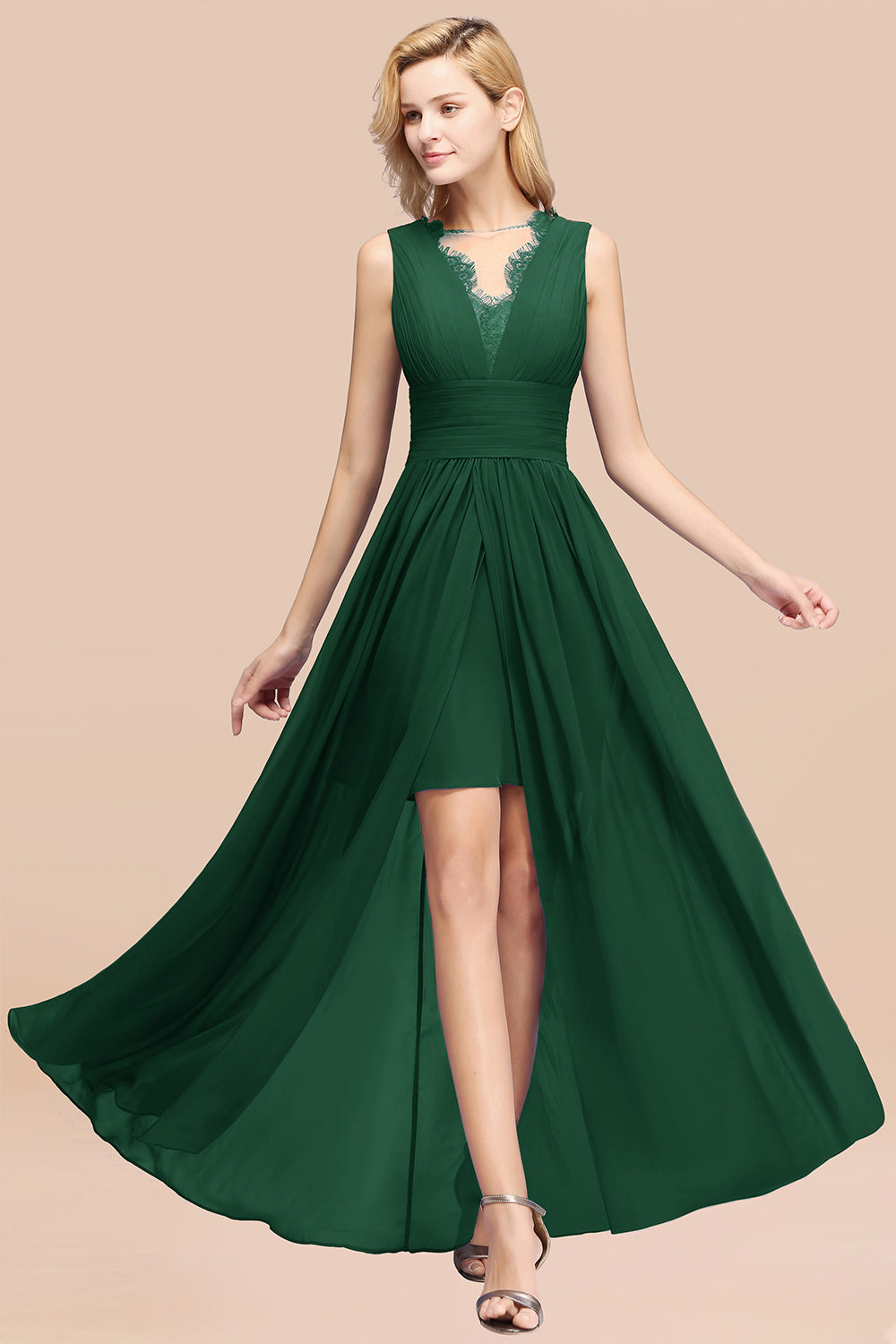 Elegant Chiffon Lace Jewel Sleeveless Bridesmaid Dress with Ruffle-Babyonlines