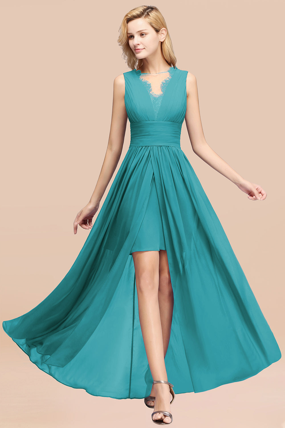 Elegant Chiffon Lace Jewel Sleeveless Bridesmaid Dress with Ruffle-Babyonlines