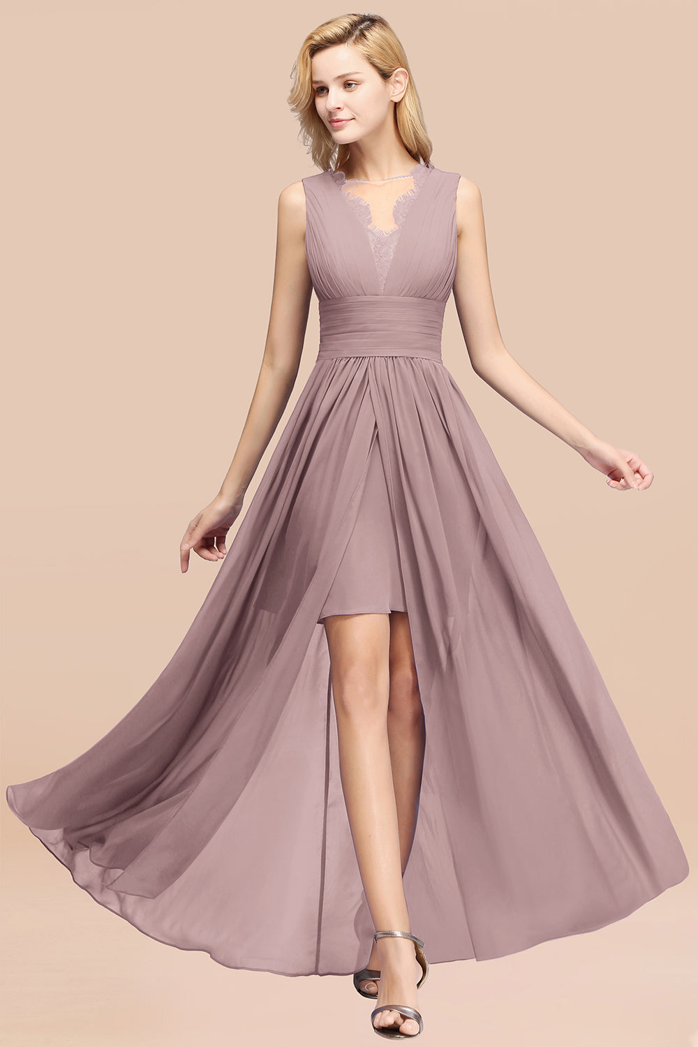 Elegant Chiffon Lace Jewel Sleeveless Bridesmaid Dress with Ruffle-Babyonlines
