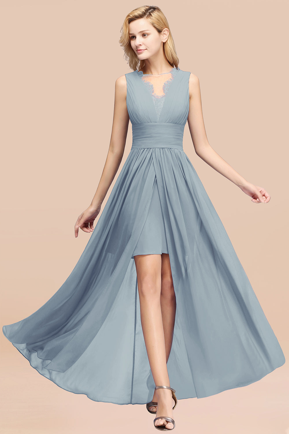 Elegant Chiffon Lace Jewel Sleeveless Bridesmaid Dress with Ruffle-Babyonlines