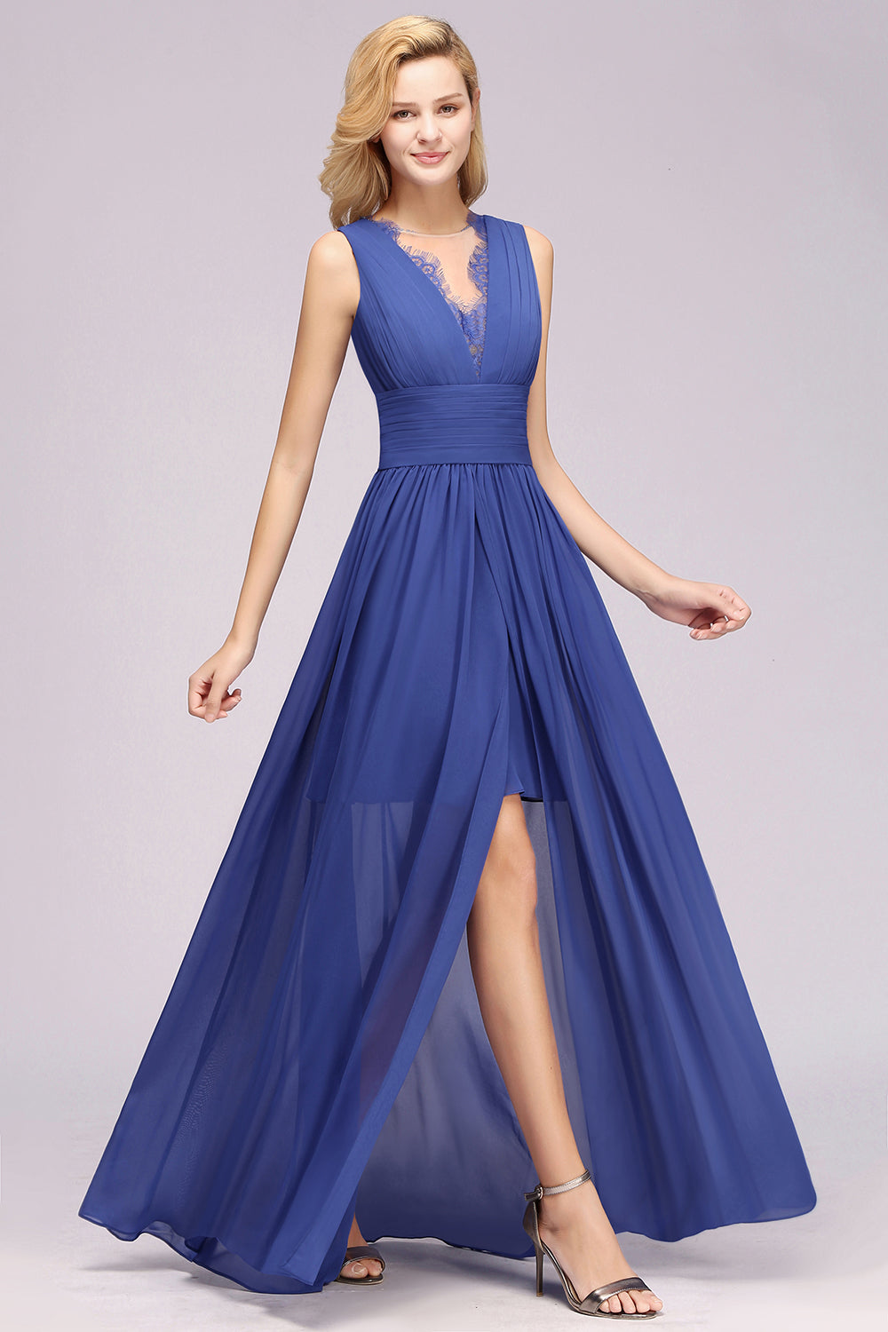 Elegant Chiffon Lace Jewel Sleeveless Bridesmaid Dress with Ruffle-Babyonlines