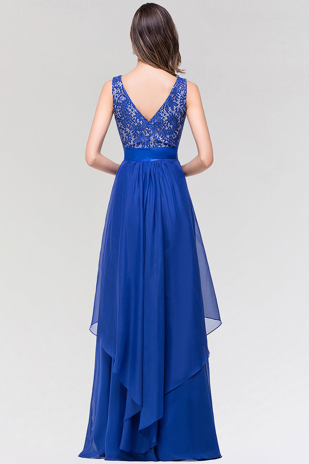 Elegant Lace Jewel Long Chiffon Bridesmaid Dress with Asymmetric Hemline-Babyonlines