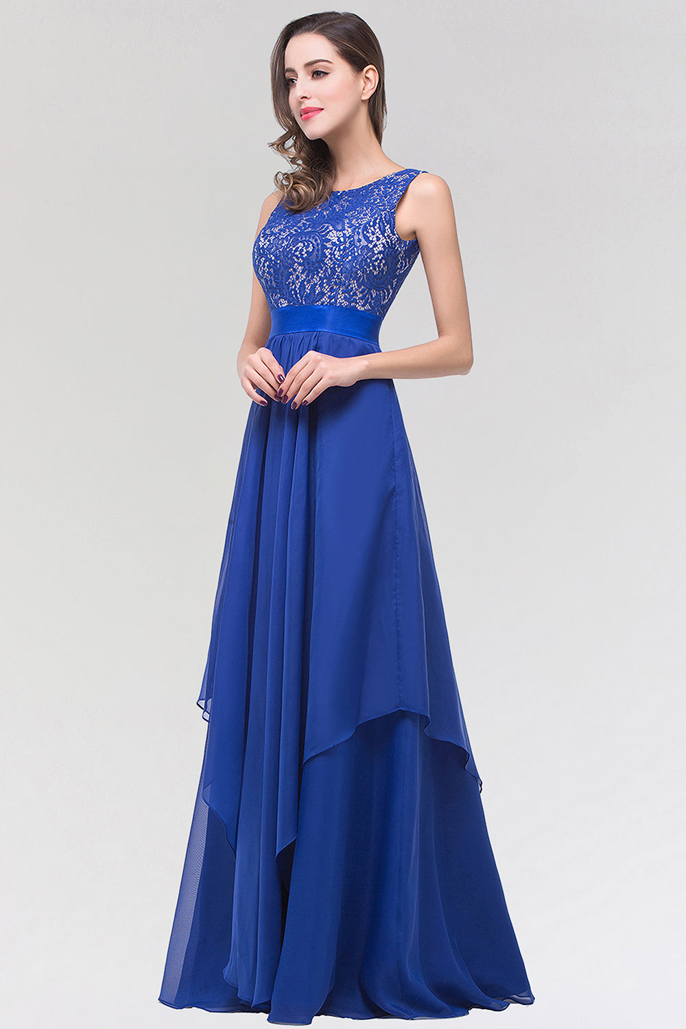 Elegant Lace Jewel Long Chiffon Bridesmaid Dress with Asymmetric Hemline-Babyonlines