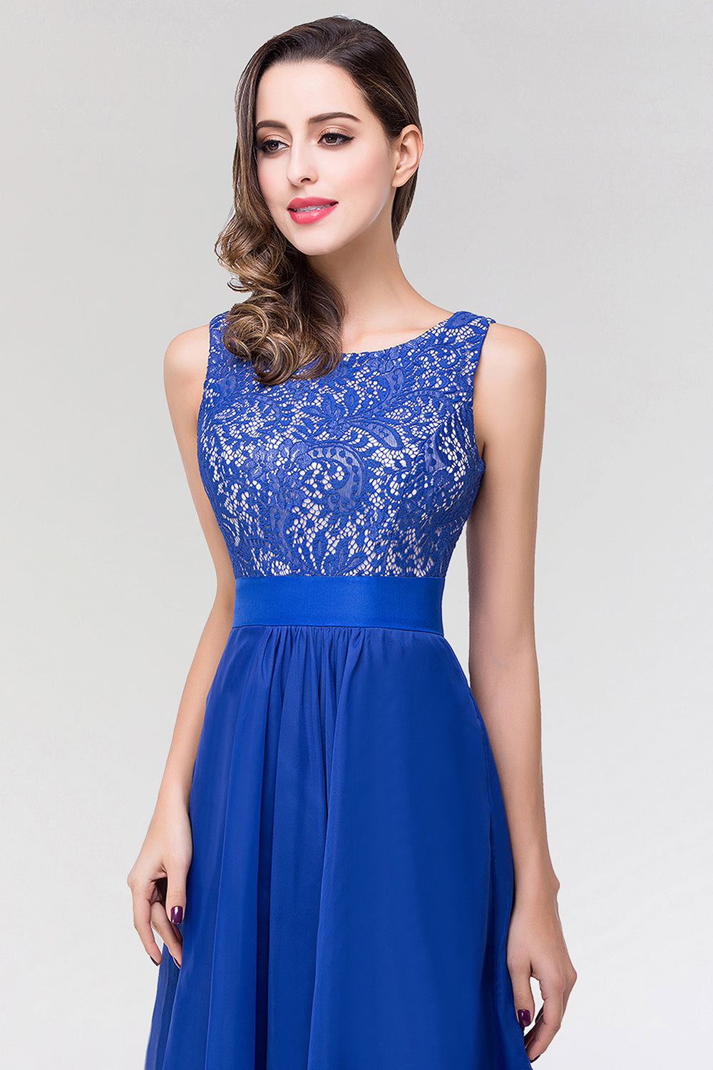 Elegant Lace Jewel Long Chiffon Bridesmaid Dress with Asymmetric Hemline-Babyonlines