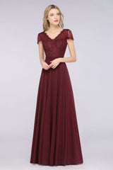 Elegant Lace V-Neck Burgundy Bridesmaid Dress with Cap Sleeves-Babyonlines