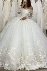 Elegant Off-the-shoulder Tulle Ball Gown Wedding Dresses With Appliques Lace Court Train