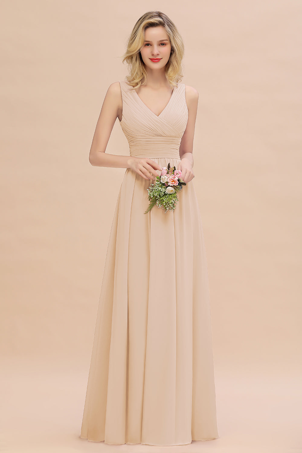 Elegant V-Neck Dusty Rose Chiffon Bridesmaid Dress with Ruffle-Babyonlines