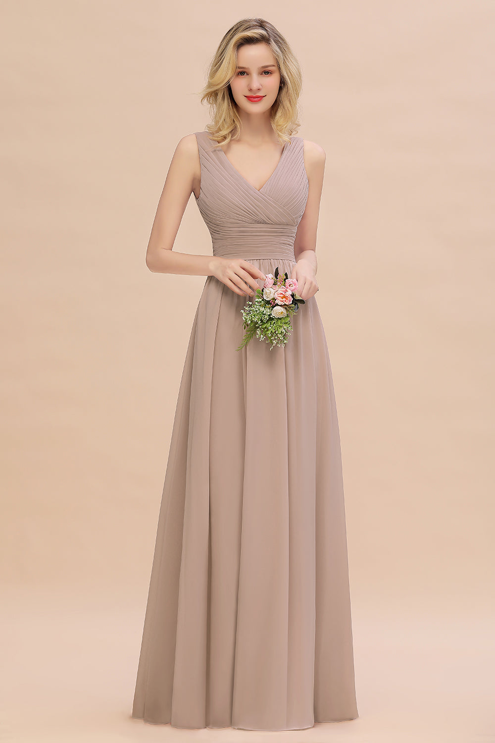 Elegant V-Neck Dusty Rose Chiffon Bridesmaid Dress with Ruffle-Babyonlines