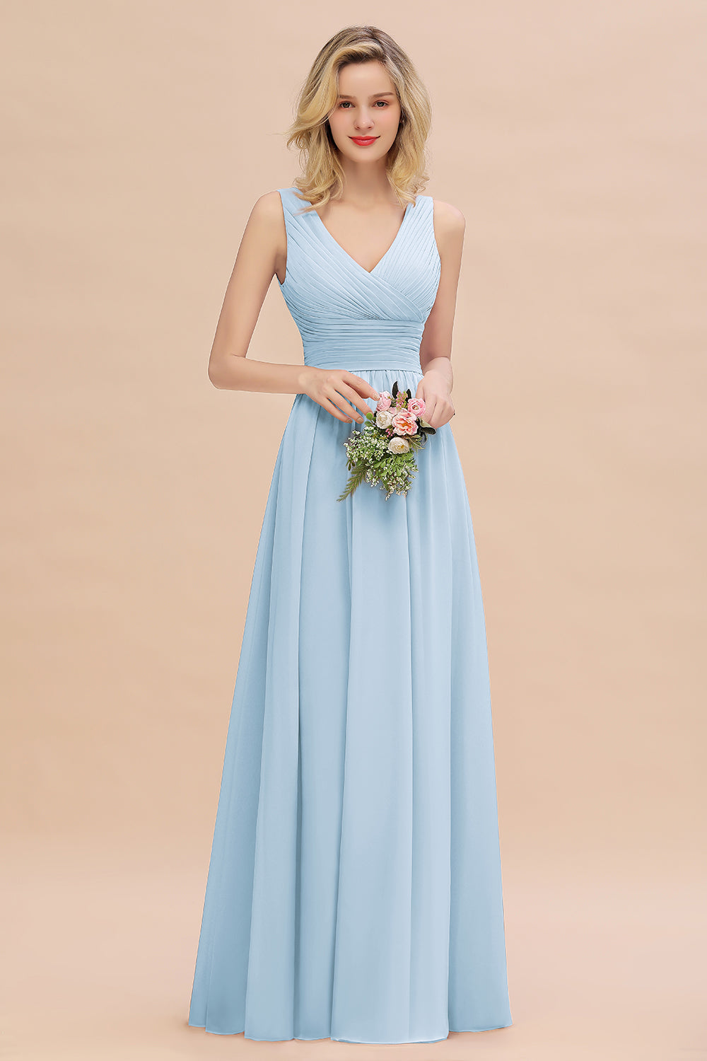 Elegant V-Neck Dusty Rose Chiffon Bridesmaid Dress with Ruffle-Babyonlines