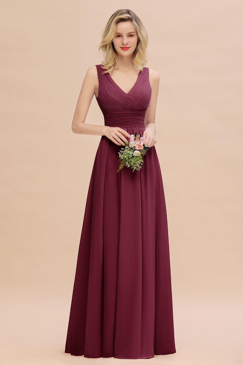 Elegant V-Neck Dusty Rose Chiffon Bridesmaid Dress with Ruffle-Babyonlines