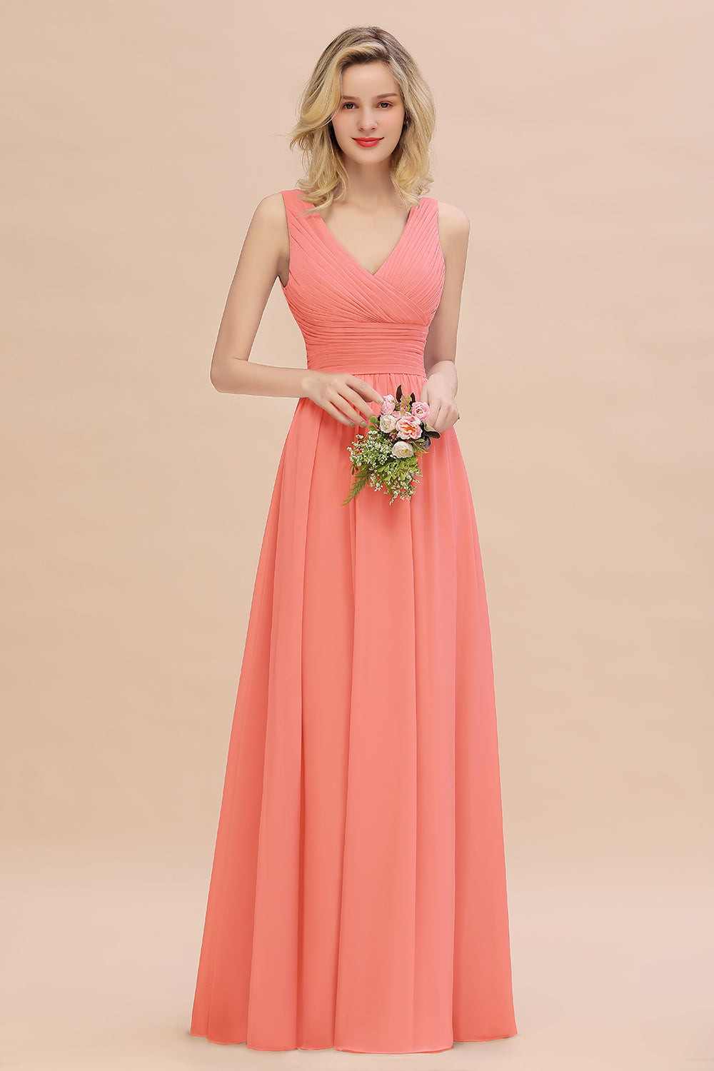 Elegant V-Neck Dusty Rose Chiffon Bridesmaid Dress with Ruffle-Babyonlines