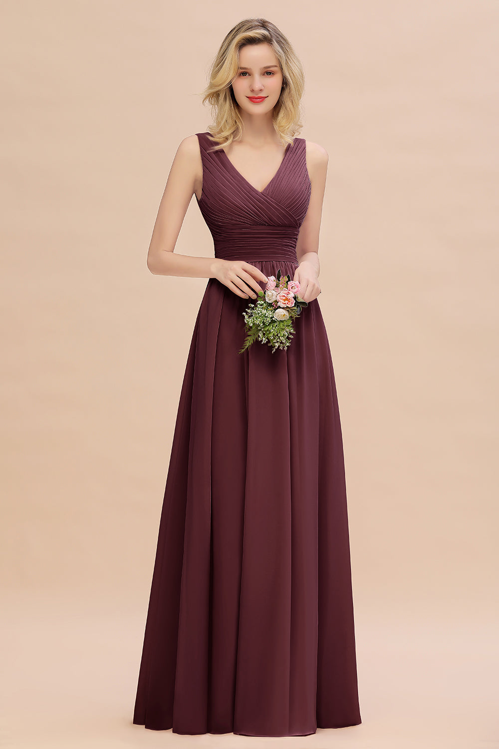 Elegant V-Neck Dusty Rose Chiffon Bridesmaid Dress with Ruffle-Babyonlines