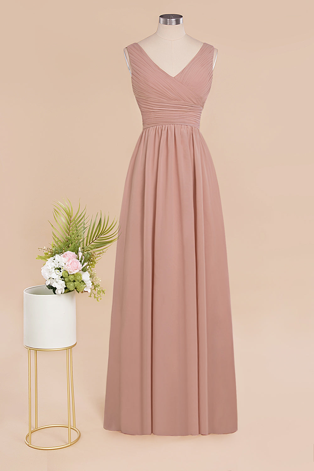 Elegant V-Neck Dusty Rose Chiffon Bridesmaid Dress with Ruffle-Babyonlines