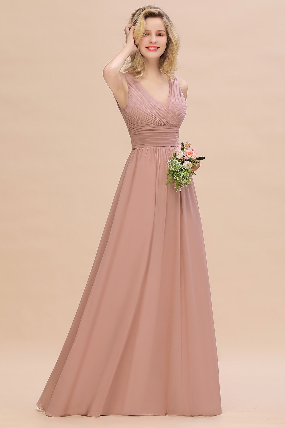Elegant V-Neck Dusty Rose Chiffon Bridesmaid Dress with Ruffle-Babyonlines